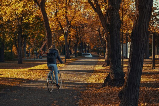 Frau am Fahrrad im Park im Herbst