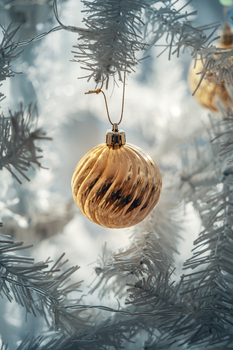 Closeup einer Weihnachtskugel im weißen Weihnachtsbaum